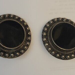 Vintage Silver Metal and Black Onyx Clip On Earrings